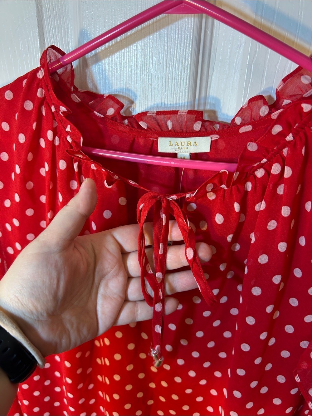 Laura Red Polka Dot Tie-Neck Ruffle Sleeve Sheer Blouse size 24 new - Picture 3 of 5